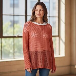 Additions by Chicos Coral Mesh Knit Sweater Size 2 Cotton Beach Cover Athleisure